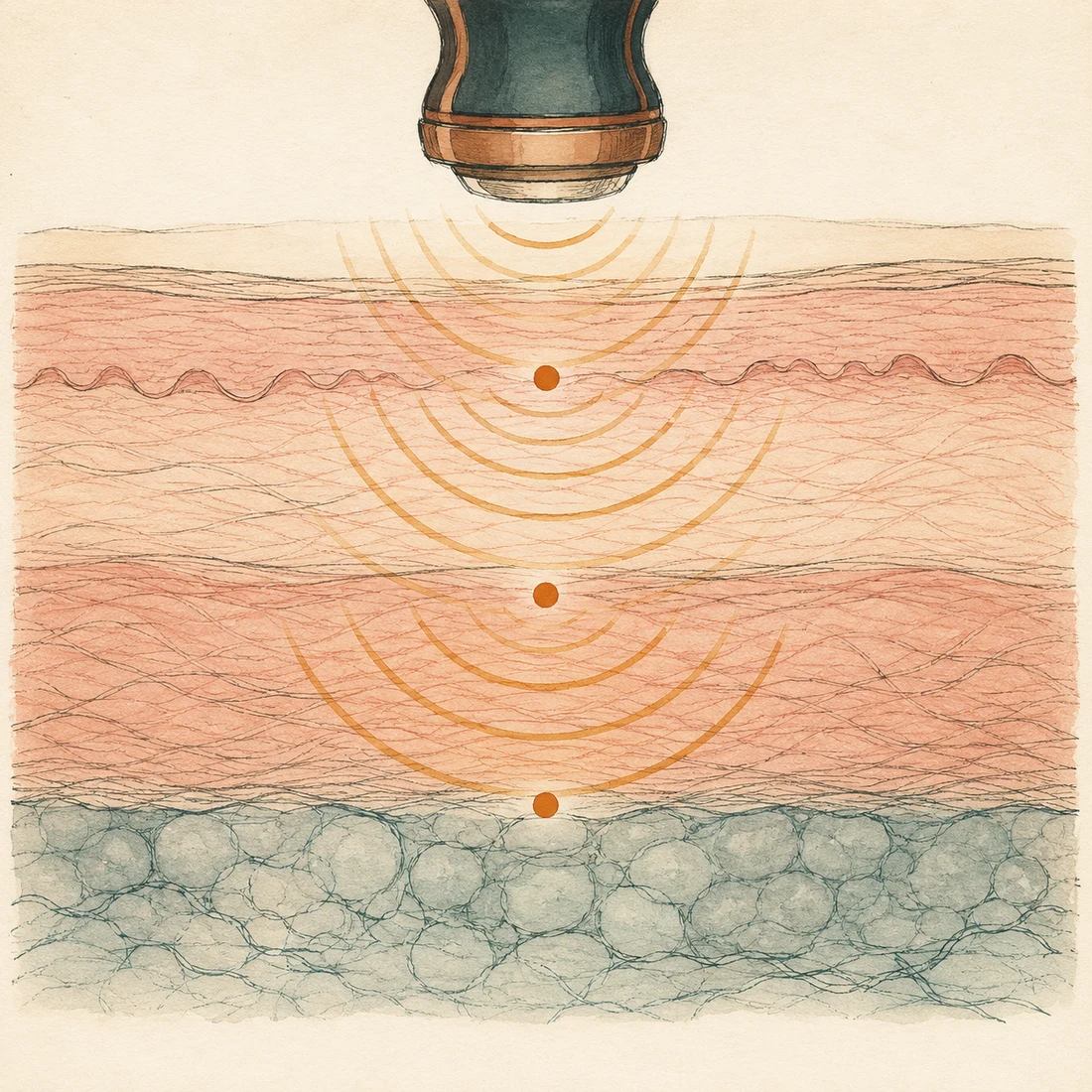 Ilustración de un dispositivo emitiendo energía concéntrica hacia la piel en distintas profundidades
