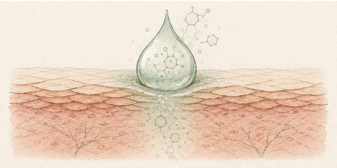 Ilustración de una gota con hexágonos moleculares absorbiéndose en la piel