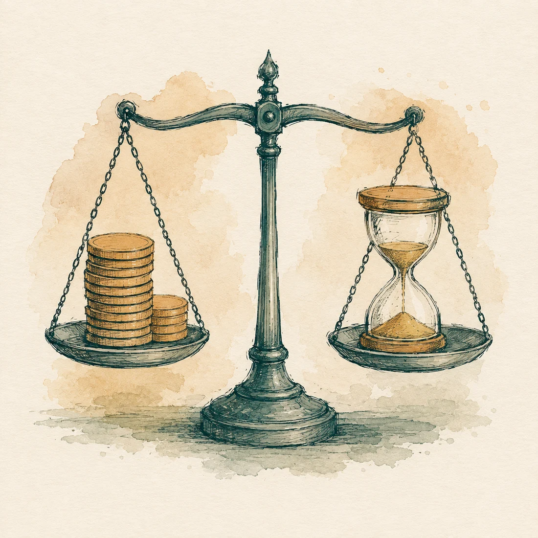 Ilustración de una balanza entre monedas y un reloj de arena