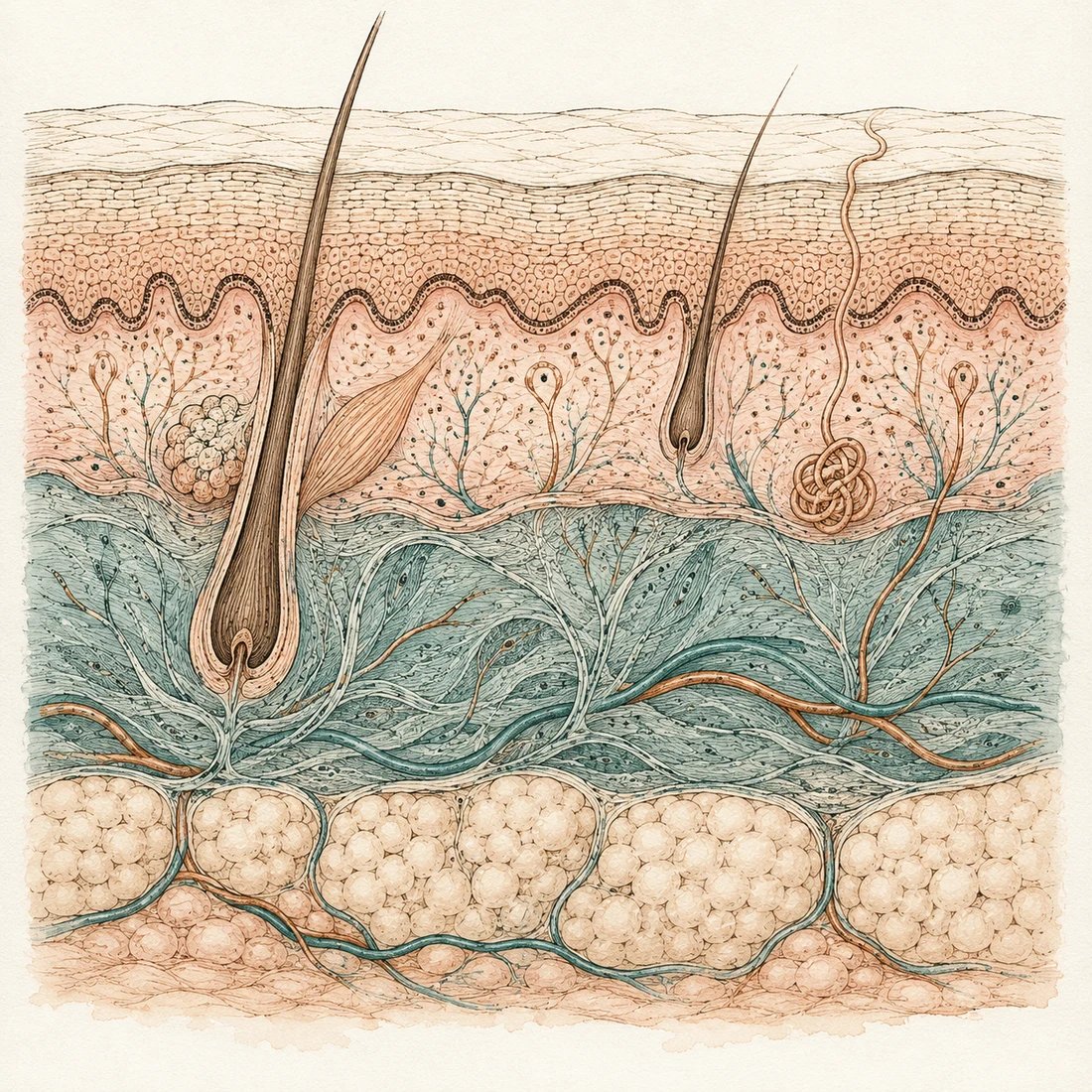 Corte transversal ilustrado de las capas de la piel: epidermis, dermis e hipodermis