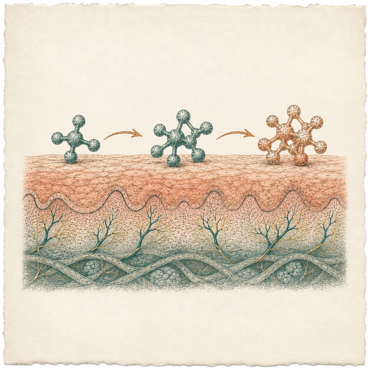 Secuencia de tres moléculas sobre la piel representando la conversión de retinol a ácido retinoico